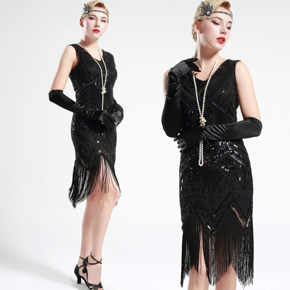 Jet Black glass beaded Fringe Flapper Dress - Picture 1 of 8